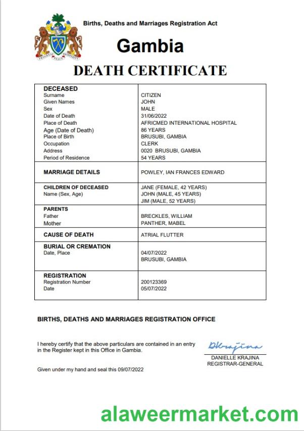 Gambia vital record death certificate Word and PDF